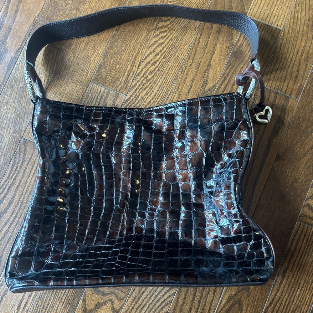 Brighton Crocodile-Embossed Chocolate Brown Shoulder Bag